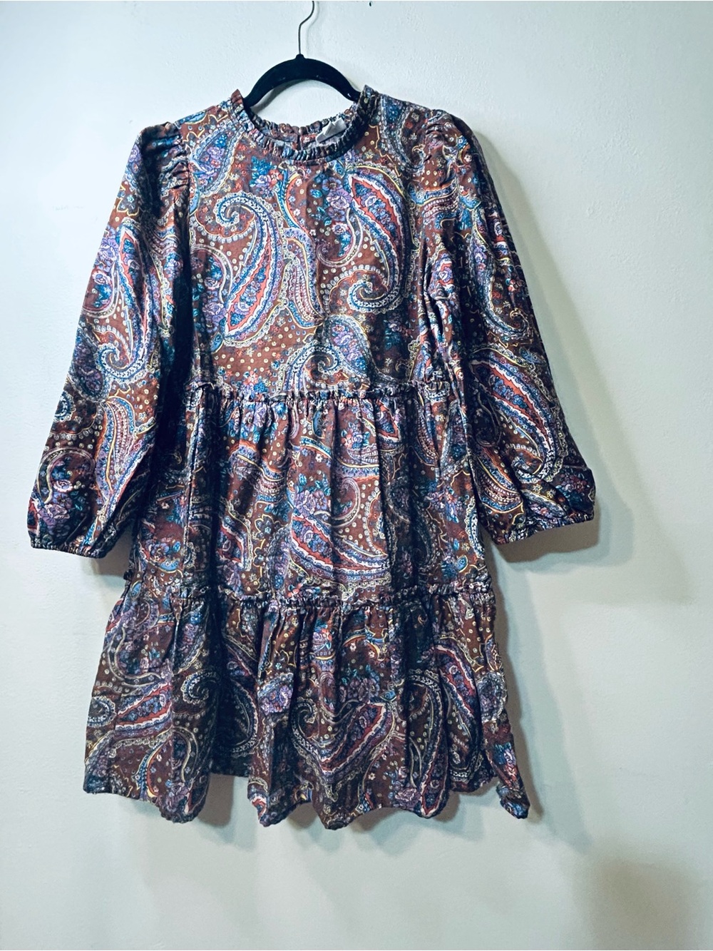 ANA Women’s Brown Paisley Tiered Long-Sleeve Dress